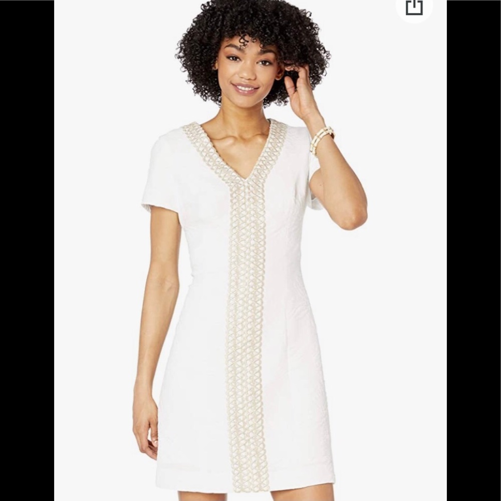 Lilly Pulitzer Arie Resort White Jacquard Print Gold Embroidery Shift 10